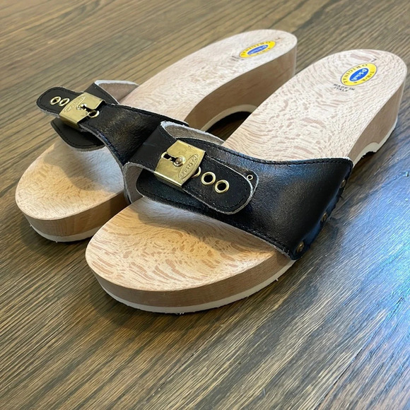 DR SCHOLLS Vintage 1980s black leather wooden The Original Sandal Exercise - Picture 14 of 14